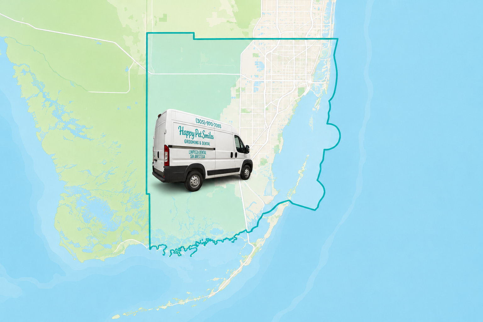 Mapa del área de servicio de Happy Pet Smiles en Miami-Dade
